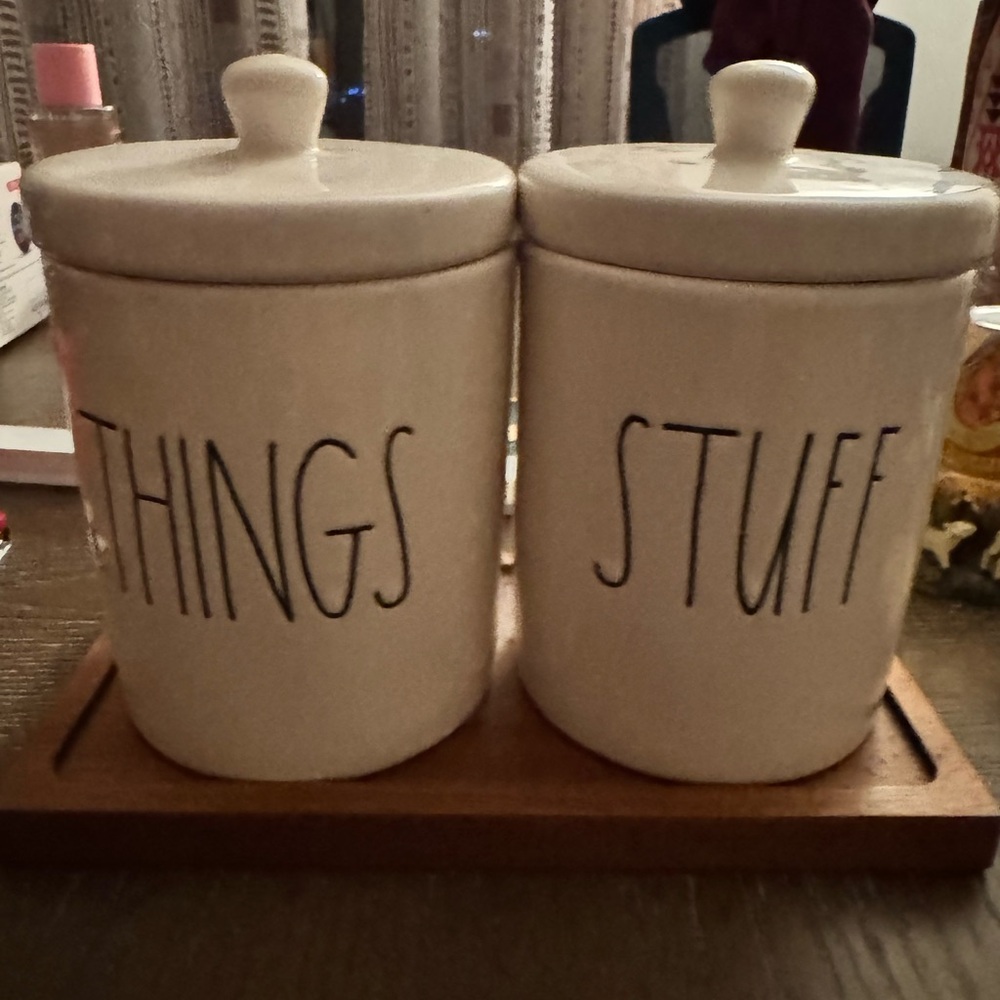 Rae Dunn things and stuff organizers with wooden tray